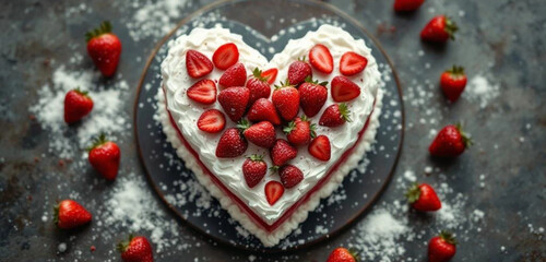 Heart shaped strawberry cake. Close up. 