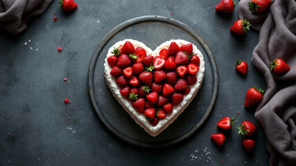 Heart shaped strawberry cake. Close up. 