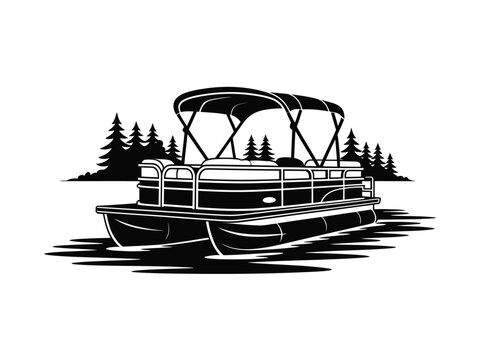 A black and white illustration of a pontoon boat on water