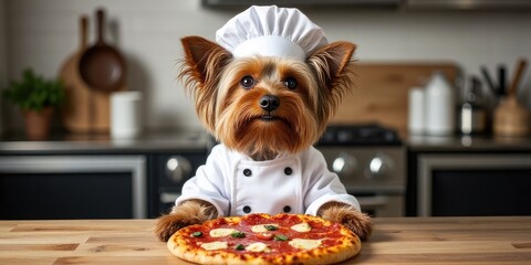 A small brown Yorkshire Terrier wearing a chef's hat and white coat stands in a kitchen, presenting a pizza on a wooden table.