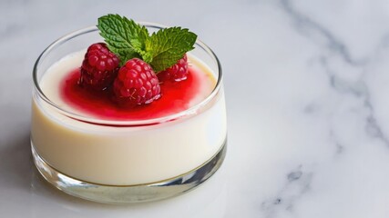 A creamy dessert in a glass cup topped with raspberry sauce and fresh raspberries. Garnished with a mint leaf. Simple and elegant presentation.