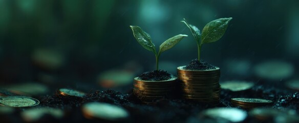 The vibrant growth of plants emerging from stacks of coins representing wealth.