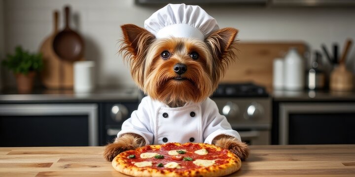 A small brown Yorkshire Terrier wearing a chef's hat and white coat stands in a kitchen, presenting a pizza on a wooden table.