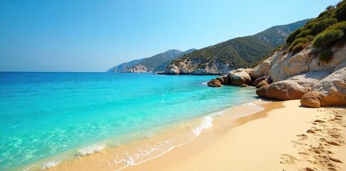Fototapeta premium Idyllic Greek Beach Sun-Kissed Golden Sand, Turquoise Waters, Perfect Relaxation Escape
