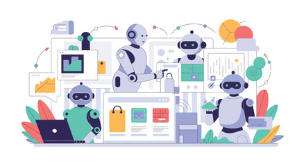 Robots working on digital projects with charts and graphs artificial intelligence