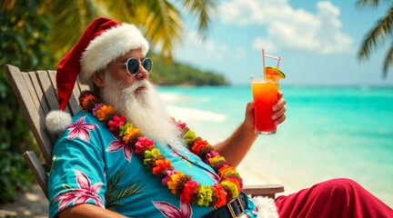 A senior Caucasian man with a long white beard wears a Santa hat and sunglasses. He relaxes on a beach chair, holding a colorful cocktail. Tropical scenery in the background.