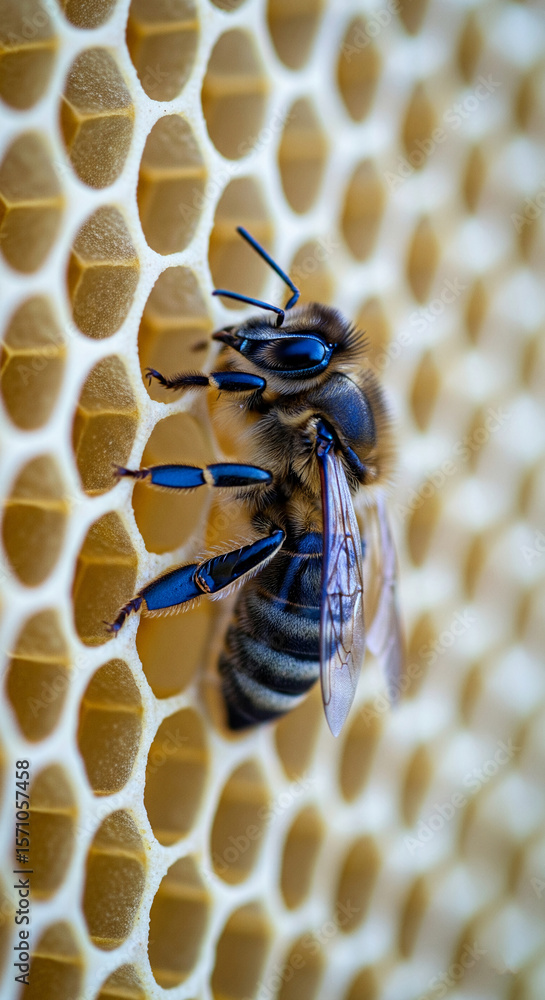 Poster close-up of honeybee on honeycomb, showing intricate detail of bee's body and hexagonal cell structu