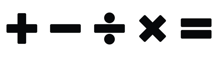 Obraz premium Solid Black Math Symbols – Plus, Minus, Divide, Multiply, Equal Icons Isolated on White Background
