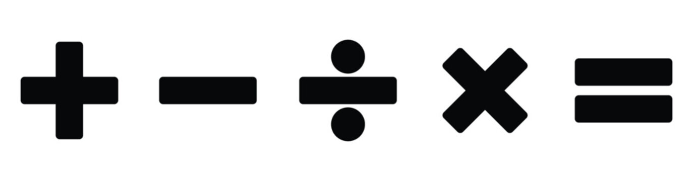 Solid Black Math Symbols &ndash; Plus, Minus, Divide, Multiply, Equal Icons Isolated on White Background