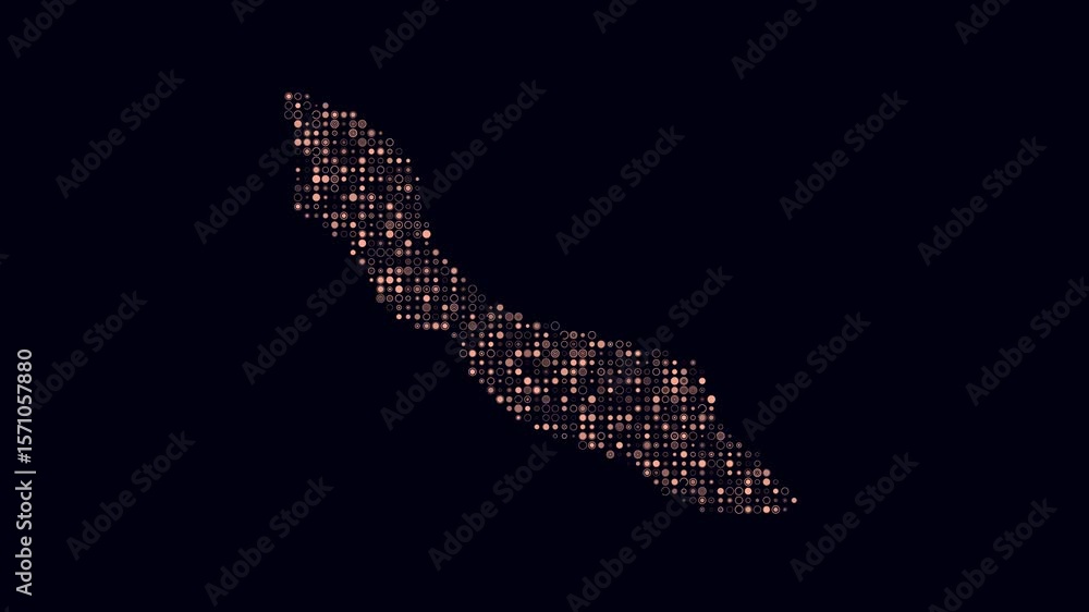Poster curacao dotted animation. shape of the country build of pulsating colored dots. small size circle bl