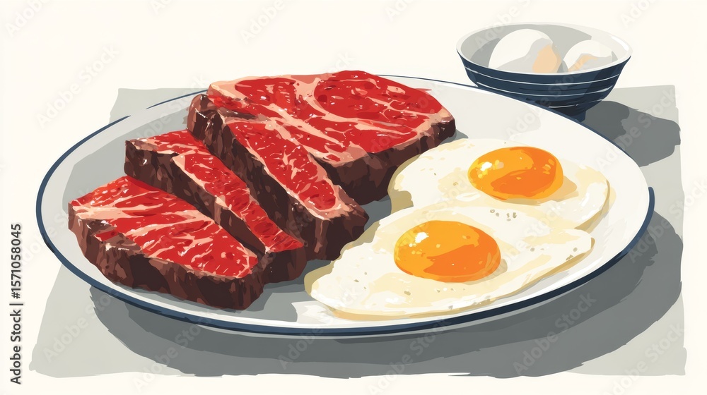Poster minimalist clean lines illustration featuring sliced steak and eggs on a white background without ad