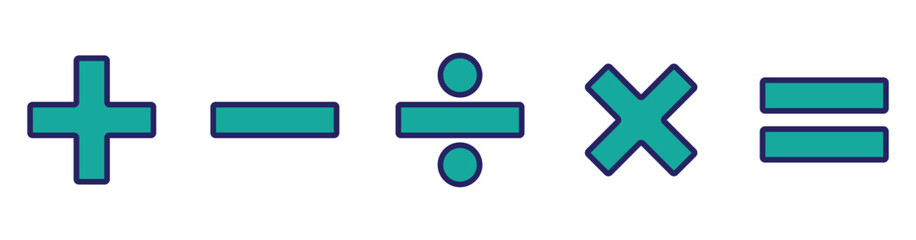 Obraz premium Flat Math Symbols Icon Set – Plus, Minus, Multiply, Divide, Equal Signs Isolated on White Background