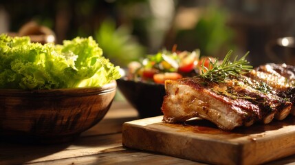 Outdoor Terrace Table Setting with Rustic Wooden Surface and Fresh Colorful Gourmet Meal Bowls