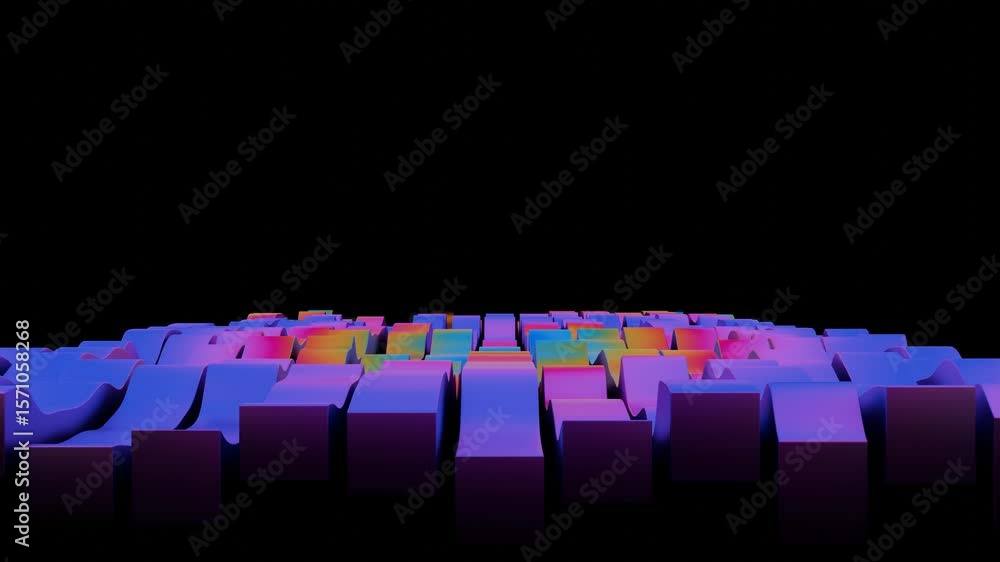 Poster chromatic voxel platform, soft depth of field, seamless loop, 4k.