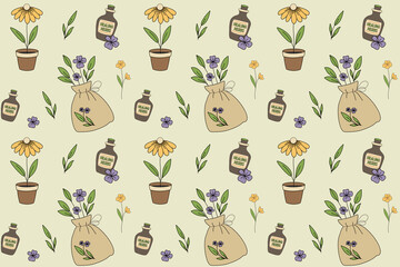 Seamless botanical pattern with herbs, flowers, glass bottles and fabric sachets on light background. Ideal for packaging, textile and wellness themes.