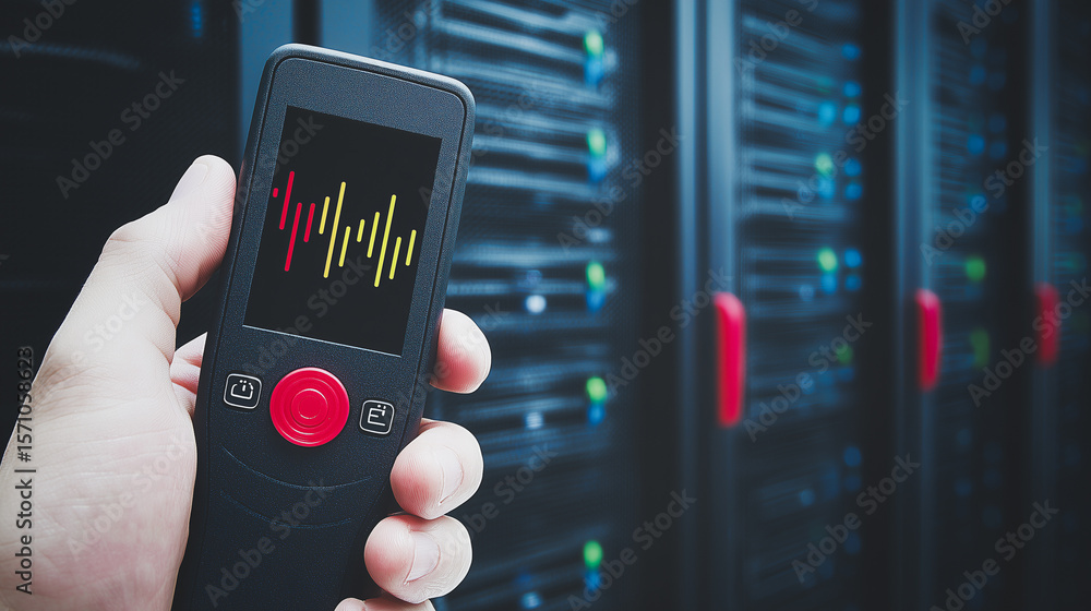Poster monitoring device in server room: a hand expertly grasps a sleek black monitoring device, its screen