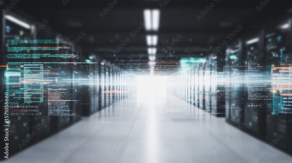 Poster digital data center: a state-of-the-art data center interior, the image showcases rows of server rac