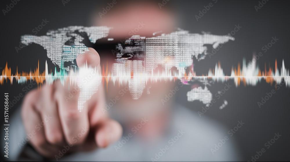 Poster global connection: a visionary gesture from a person, the image depicts the world with technology as