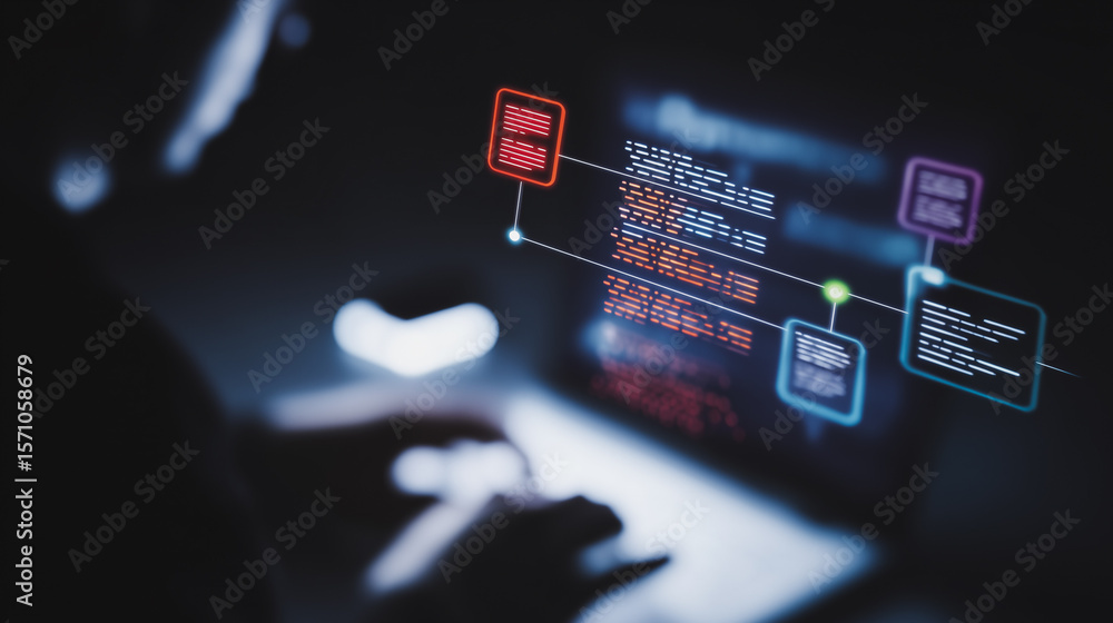 Poster data hacker: in a dimly lit room, a coder, shrouded in mystery, navigates complex data streams on a 