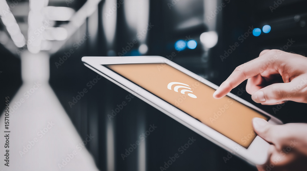 Poster data connection: a close-up shot of a hand interacting with a tablet screen, highlighting the seamle