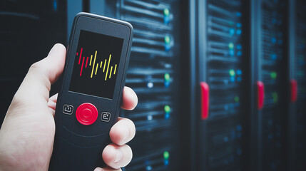 Monitoring Device in Server Room: A hand expertly grasps a sleek black monitoring device, its screen displaying dynamic sound wave patterns, against a backdrop of a bustling server room.