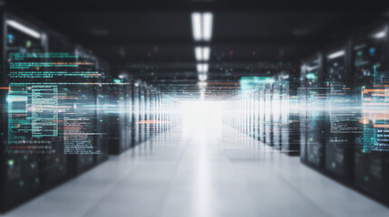 Digital Data Center: A state-of-the-art data center interior, the image showcases rows of server racks bathed in a bright light, which evokes futuristic technology and massive data storage. 