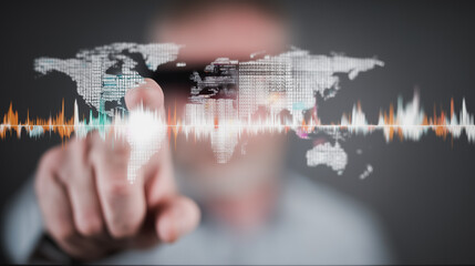 Global Connection: A visionary gesture from a person, the image depicts the world with technology as a visual, highlighting global connections and data interactions.
