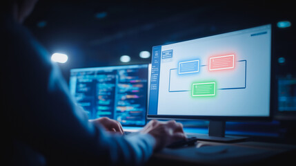 Data Analyst: A skilled data analyst immersed in a high-tech setting, focusing intensely on intricate data visualization displayed across multiple screens.