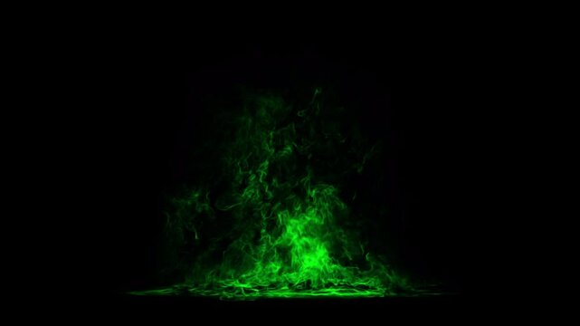 A wide wall of intense green magical fire or toxic flames burns on a black background. Seamlessly looping animation perfect for a fantasy barrier, hellfire effect, or abstract background