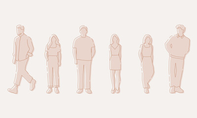 flat minimal people male and female vector illustration in spring summer clothing concept isolated set collection. Outline with silhouette shadow. For architecture, design, info graphic, media