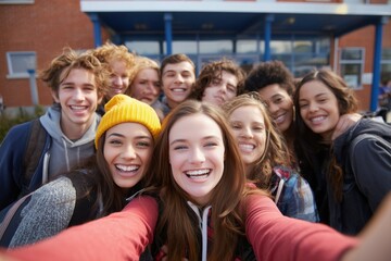 A group of young friends taking a selfie photo together at school, smiling and having fun while standing near the camera.