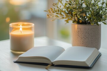 A minimalist image of a desk with an open mindfulness journal, a lit candle, and a small potted plant.