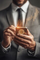Close-up of businessman using smartphone with glowing bitcoin symbol representing cryptocurrency payment.