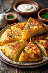 Close-up of a golden-brown tortilla espanola sliced into wedges, served on a rustic ceramic plate with a side of aioli and sprinkled with parsley.