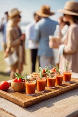 Outdoor picnic setting with small cups of gazpacho served as shooters on a wooden tray, with guests enjoying the sunshine in the blurred background.