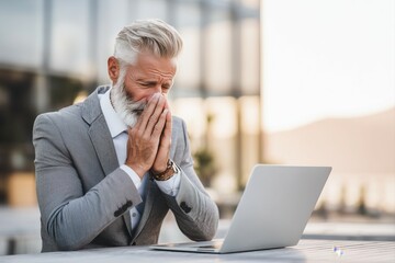 Attractive middle-aged businessman in a suit sitting at a table with a closed laptop and covering his face with his hands, appearing lonely or sad.