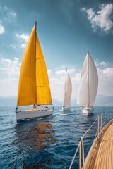 Sailing yacht team on the sea, blue sky and white clouds, sailing boats with yellow sails in front of them.