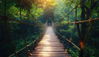 Rope Bridge Through Lush Green Forest Landscape