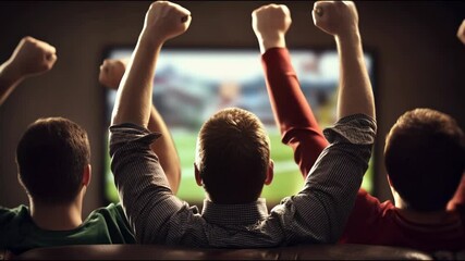 Rear view of a group of male sport fans raising arms and cheering while watching soccer match on television at home - Powered by Adobe