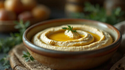 Traditional hummus with olive oil. Close up. 