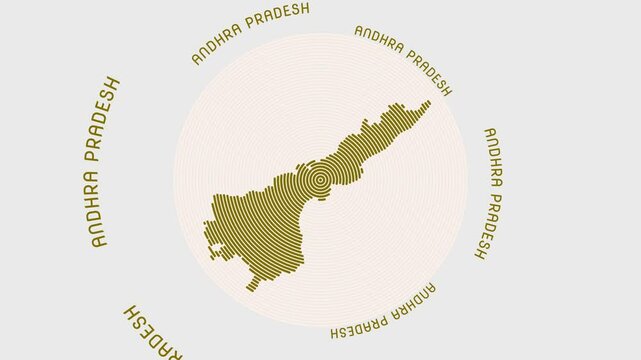 Andhra Pradesh shape with dynamic circles visual effect. Animation of Andhra Pradesh logo appearing from rotating rings and State name around the shape. Intro, opening, closing, logo video.