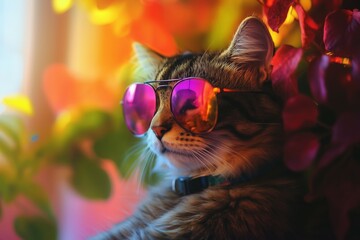 Creative, colorful photography of a cat wearing sun glasses.