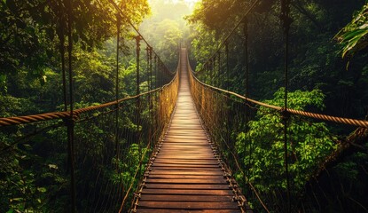 Fototapeta premium Enchanted Nature Trail with Hanging Wooden Bridge