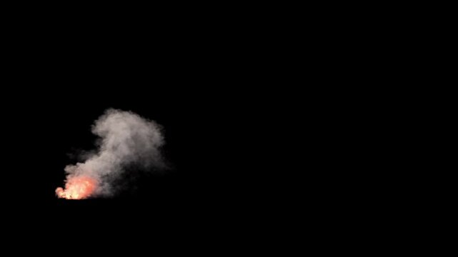 A bright burning flare produces an intense light and a thick trail of white smoke that drifts across the screen. VFX element with alpha channel for emergency, military, or survival scenes.