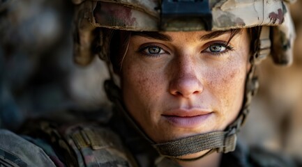 A portrait of an American female soldier in uniform, wearing a helmet and body armor with a camouflage pattern.