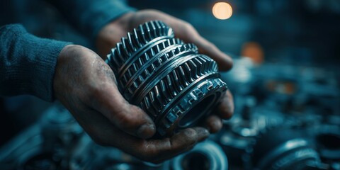 A mechanic's hands holding and examining the gears of an goods, close-up shot, with various engine parts in background.