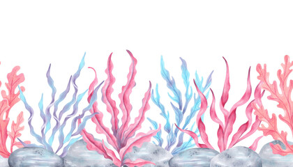 Seamless border composition with colorful seaweed and stones. Watercolor botanical illustration. Hand drawn isolated art. Natural form of marine flora. Travel banner, kids design, underwater theme