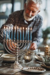 An athletic senior man lighting a hanukkiah, a traditional nine-branched menorah, in the daylight view of a table with a silver menorah and candles.