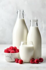 Milk in glass bottles on a white marble table, with raspberries nearby, against a light background.