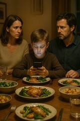 A dinner table scene where the entire family is present, but the child is fixated on a phone, while parents exchange concerned glances.